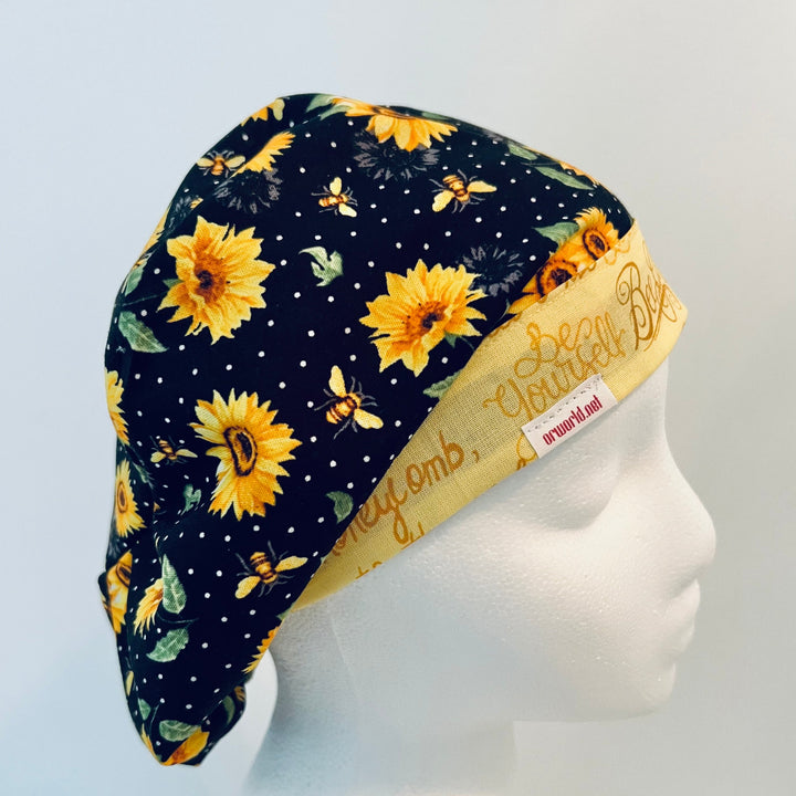 Bee Grateful Euro Scrub Cap – Sunflower Surgical Cap with Bees, Adjustable Elastic Back, Women’s Scrub Hat