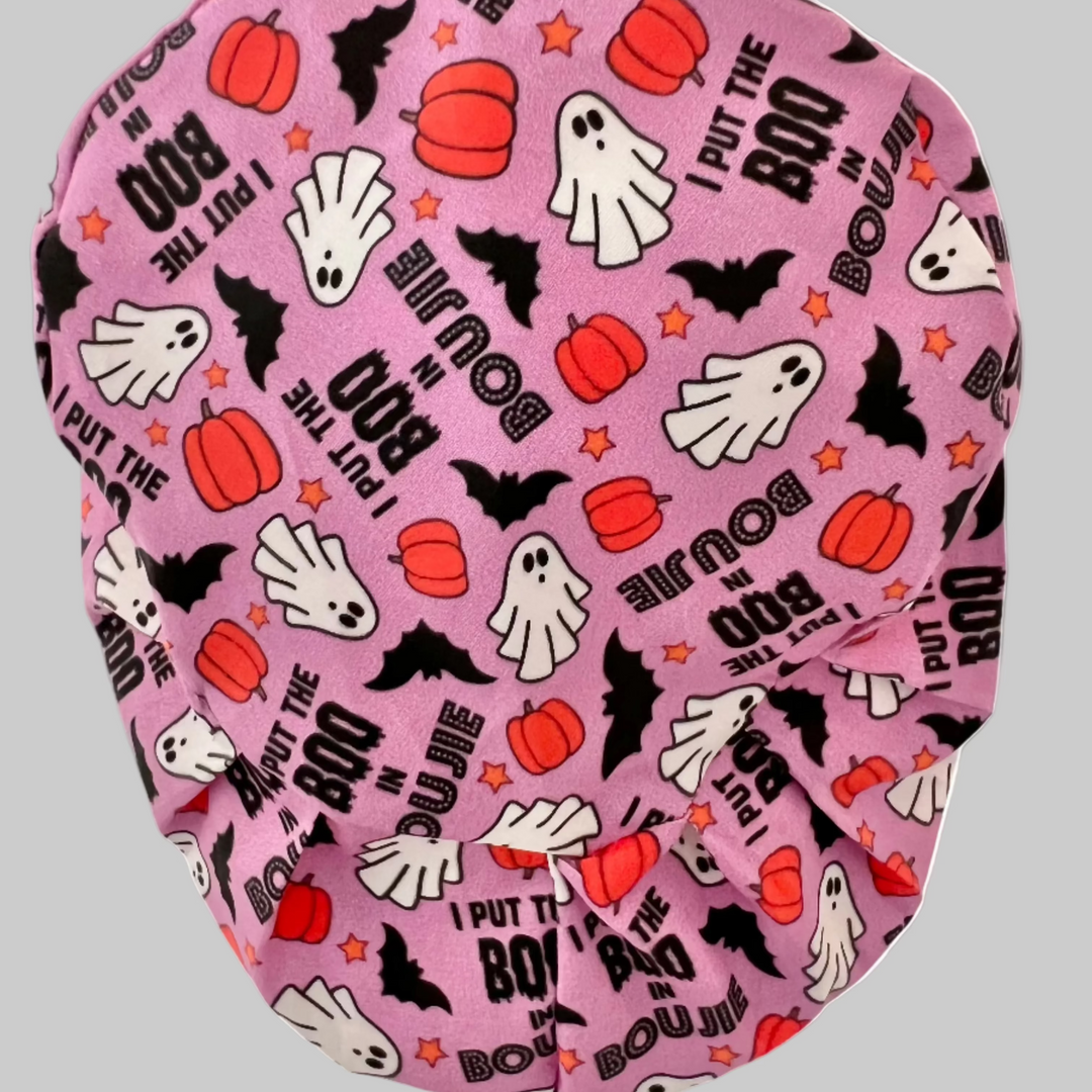 Pink Halloween Ghost &amp; Pumpkin Euro Scrub Cap – “I Put the Boo in Boujee” Surgical Cap