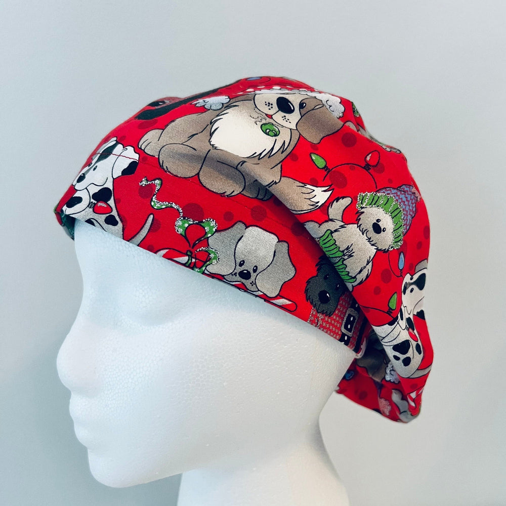 Euro Christmas Dog Scrub Cap | Holiday Puppy Surgical Hat | Adjustable OR Cap for Nurses & Surgeons | Satin Lining Option
