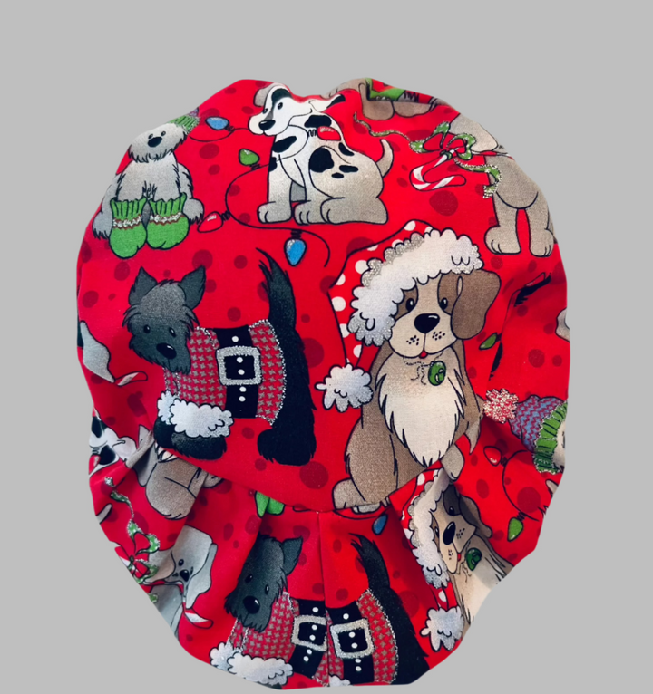 Euro Christmas Dog Scrub Cap | Holiday Puppy Surgical Hat | Adjustable OR Cap for Nurses &amp; Surgeons | Satin Lining Option
