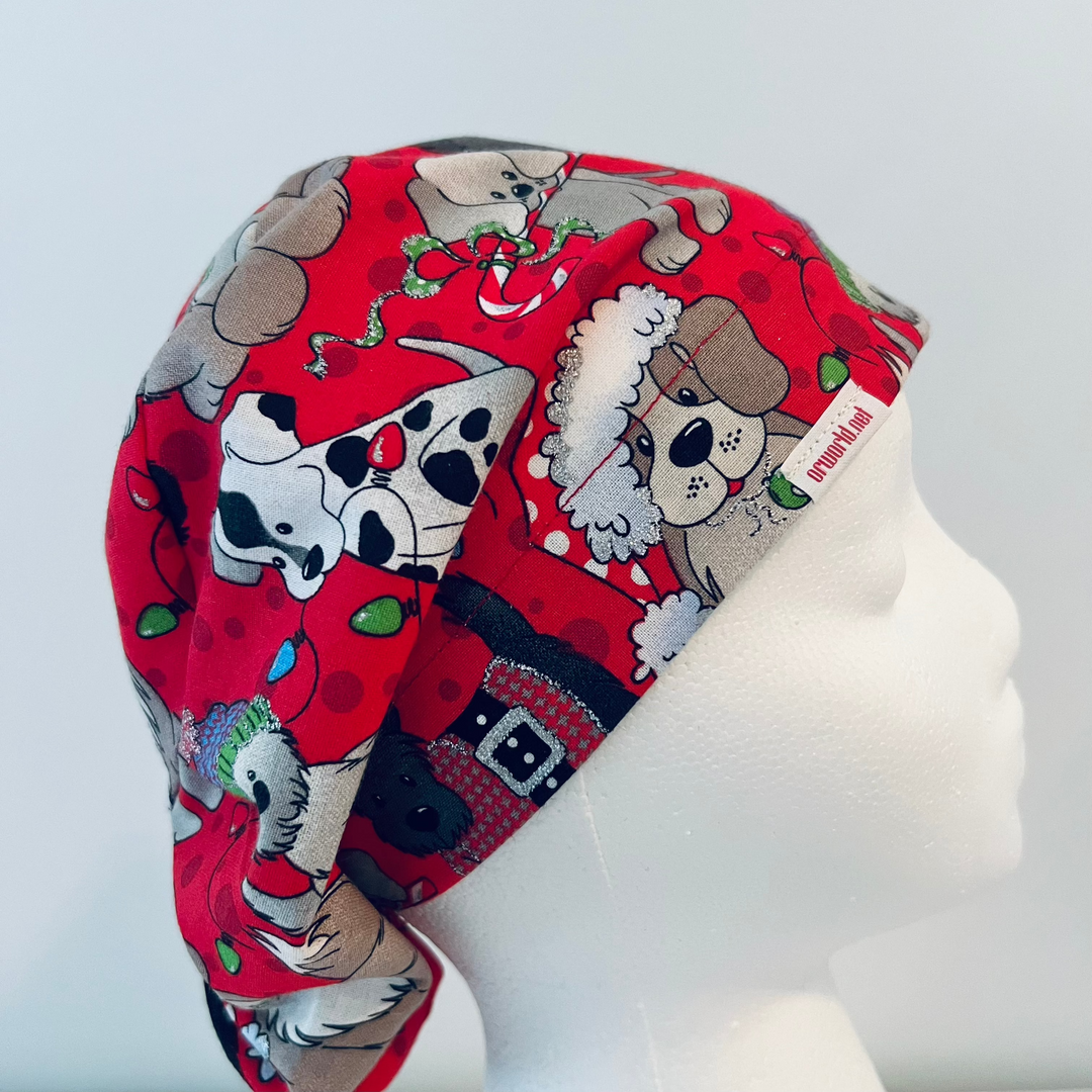 Euro Christmas Dog Scrub Cap | Holiday Puppy Surgical Hat | Adjustable OR Cap for Nurses and Surgeons | Satin Lining Option | right side view