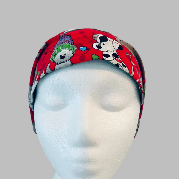 Euro Christmas Dog Scrub Cap | Holiday Puppy Surgical Hat | Adjustable OR Cap for Nurses &amp; Surgeons | Satin Lining Option