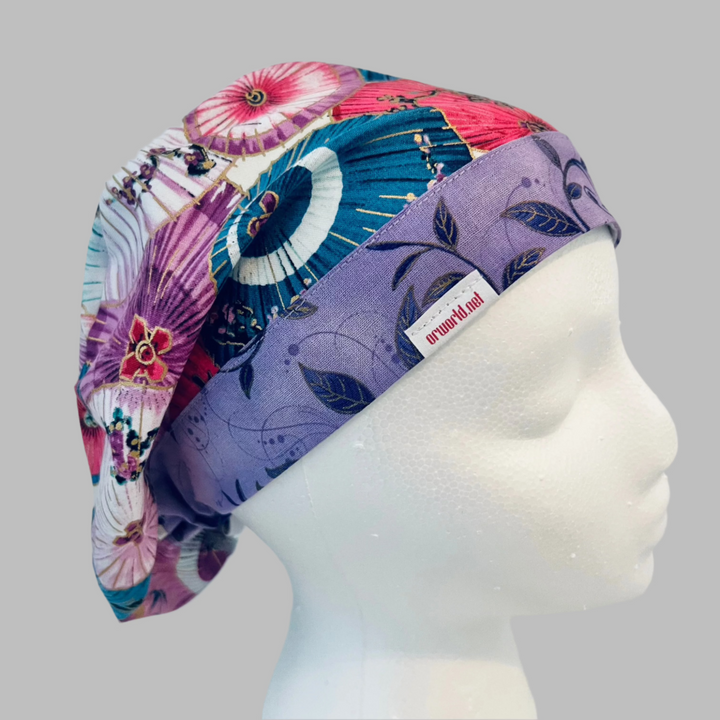 Spring Floral Euro Scrub Cap – Pastel Parasol Nurse Hat, Purple Surgical Cap, Women’s Fitted Scrub Hat, OR Cap