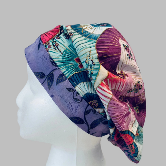 Spring Floral Euro Scrub Cap – Pastel Parasol Nurse Hat, Purple Surgical Cap, Women’s Fitted Scrub Hat, OR Cap