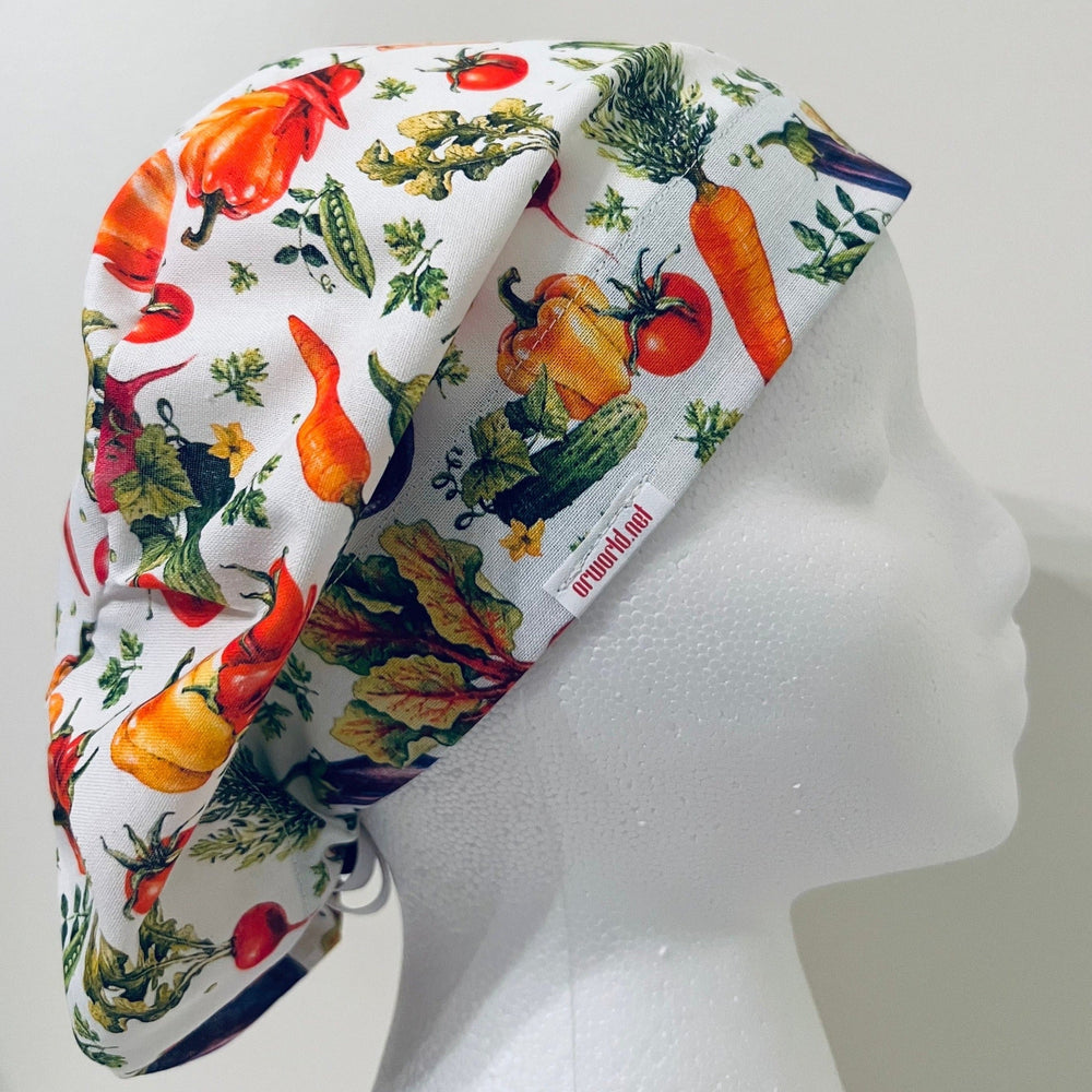 Euro Scrub Cap Vegetable Garden Print – Adjustable Elastic Back Surgical Cap for Women Nurses, Surgeons & Healthcare Professionals
