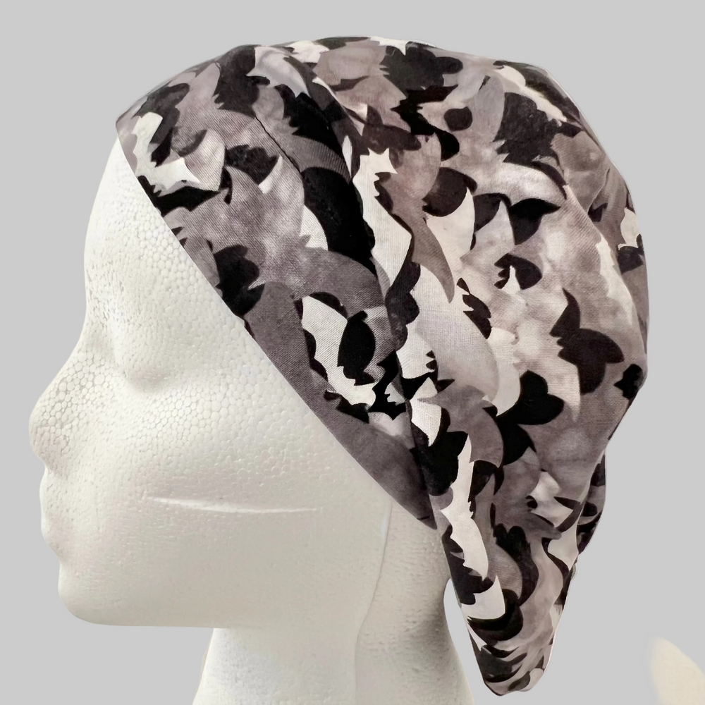 Euro Scrub Cap Halloween Bats Surgical Hat | Fall Nurse Cap, Autumn OR Cap, Cute Halloween Scrub Hat | left side view