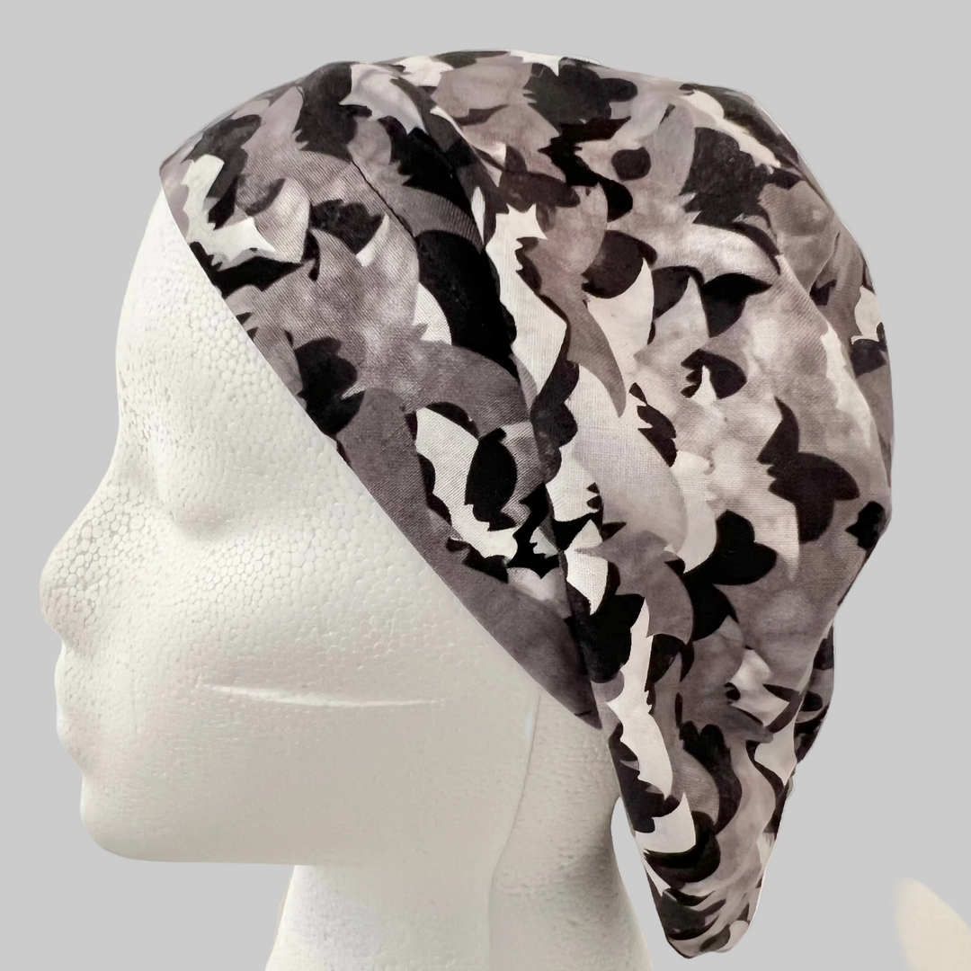 Euro Scrub Cap Halloween Bats Surgical Hat | Fall Nurse Cap, Autumn OR Cap, Cute Halloween Scrub Hat | left side view