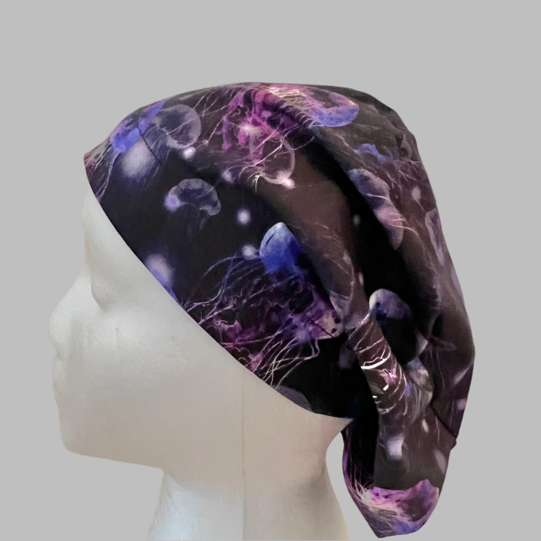 Glow Jellyfish Euro Scrub Cap – Neon Ocean Surgical Cap – Adjustable Women’s Scrub Hat, Marine Life, Underwater Jellyfish Print
