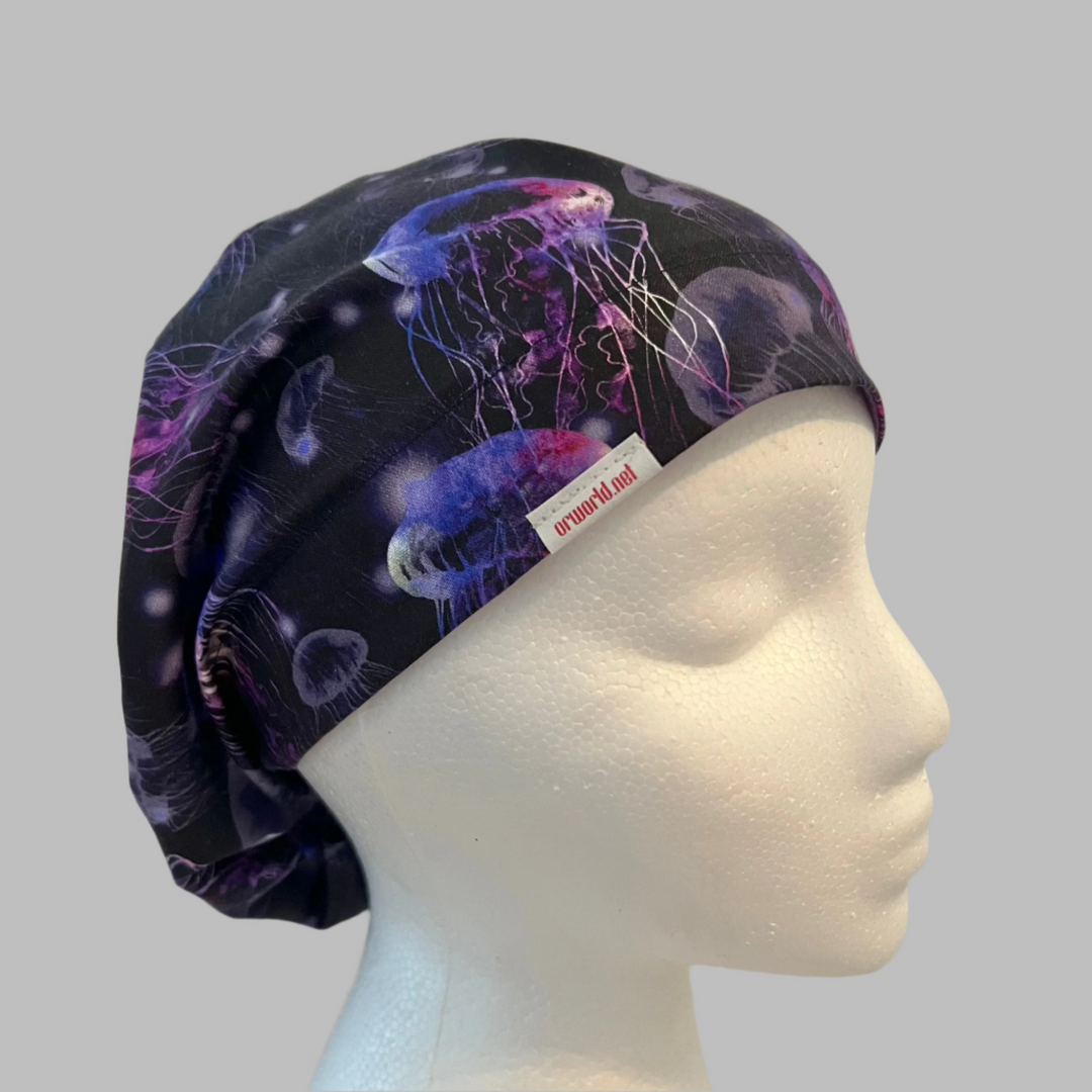 Glow Jellyfish Euro Scrub Cap – Neon Ocean Surgical Cap – Adjustable Women’s Scrub Hat, Marine Life, Underwater Jellyfish Print