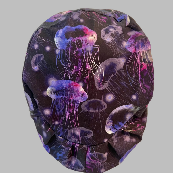Glow Jellyfish Euro Scrub Cap – Neon Ocean Surgical Cap – Adjustable Women’s Scrub Hat, Marine Life, Underwater Jellyfish Print