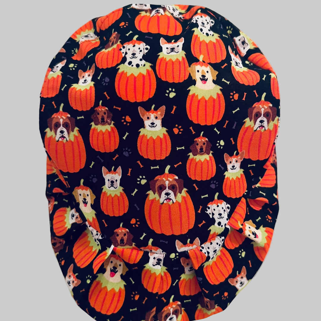Euro Halloween Dog Scrub Cap | Pumpkin Puppy Surgical Hat | Adjustable OR Cap for Nurses &amp; Surgeons | Satin Lining Option