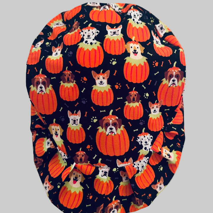 Euro Halloween Dog Scrub Cap | Pumpkin Puppy Surgical Hat | Adjustable OR Cap for Nurses &amp; Surgeons | Satin Lining Option