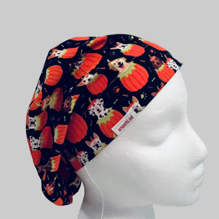 Euro Halloween Dog Scrub Cap | Pumpkin Puppy Surgical Hat | Adjustable OR Cap for Nurses &amp; Surgeons | Satin Lining Option