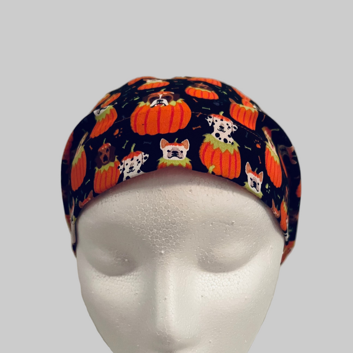 Euro Halloween Dog Scrub Cap | Pumpkin Puppy Surgical Hat | Adjustable OR Cap for Nurses &amp; Surgeons | Satin Lining Option