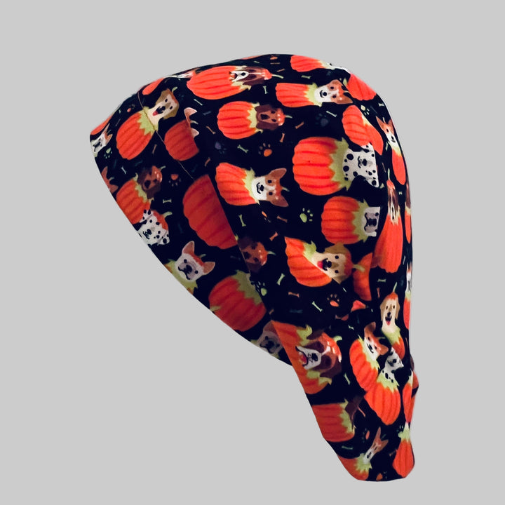 Euro Halloween Dog Scrub Cap | Pumpkin Puppy Surgical Hat | Adjustable OR Cap for Nurses &amp; Surgeons | Satin Lining Option