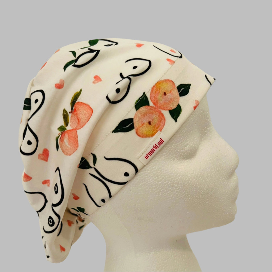Women’s Health Euro Scrub Cap – Breast &amp; Peach Print Surgical Cap – OB/GYN &amp; L&amp;D Hat