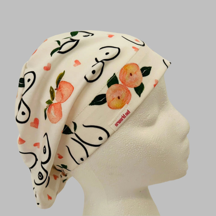 Women’s Health Euro Scrub Cap – Breast &amp; Peach Print Surgical Cap – OB/GYN &amp; L&amp;D Hat