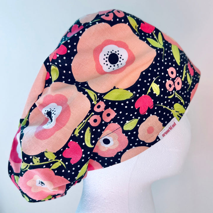 Petals &amp; Polka Dots | Black Polka Dot Floral Euro Scrub Cap Nurse Hat