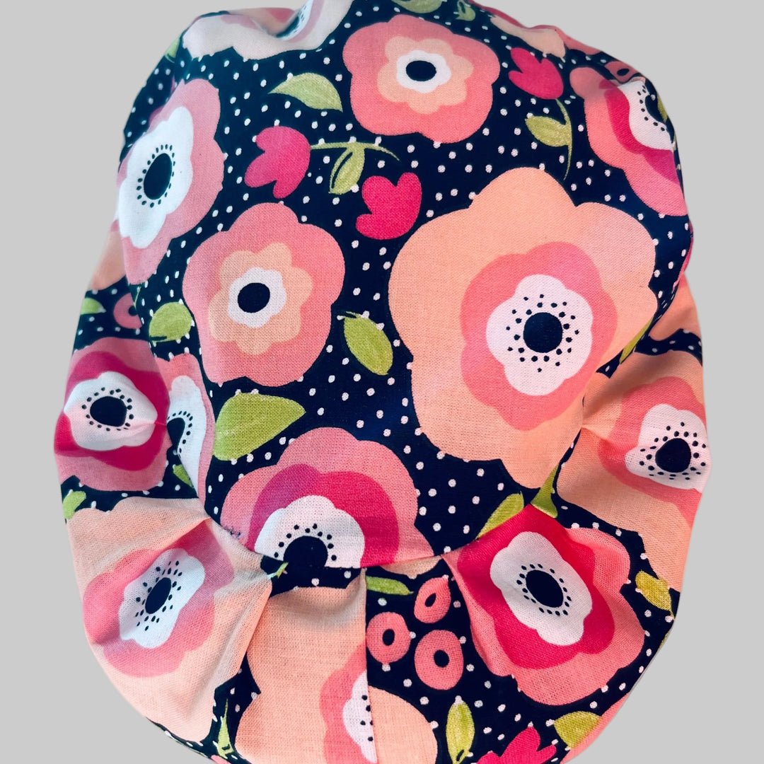 Petals &amp; Polka Dots | Black Polka Dot Floral Euro Scrub Cap Nurse Hat