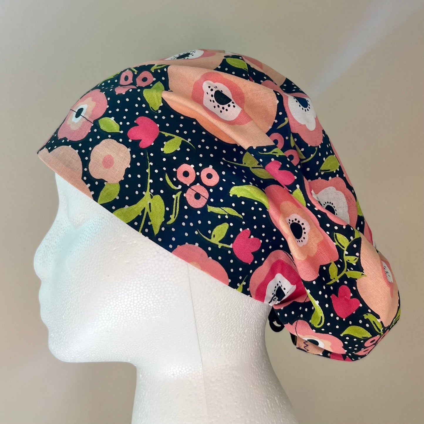 Euro Surgical Scrub Cap-Pink Flowers with polka dots 