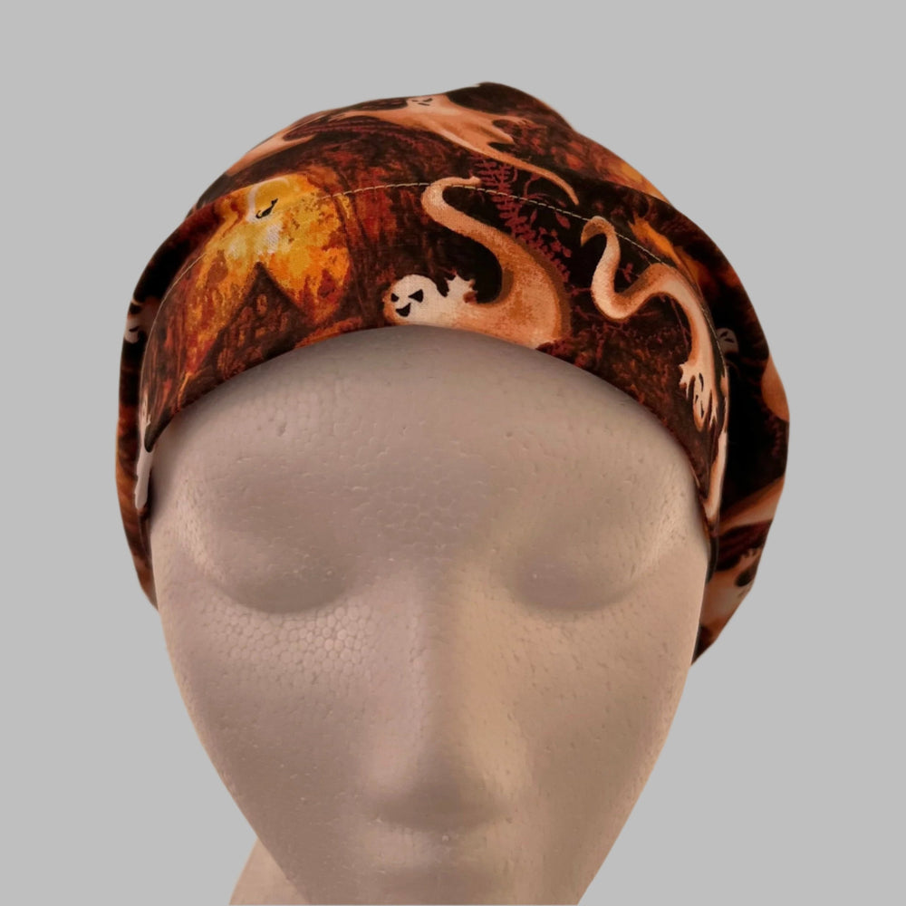 Euro Scrub Cap Halloween Ghost Surgical Hat | Fall Nurse Cap, Autumn OR Cap, Cute Halloween Scrub Hat | front view