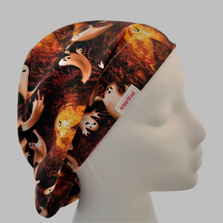 Euro Scrub Cap Halloween Ghost Surgical Hat | Fall Nurse Cap, Autumn OR Cap, Cute Halloween Scrub Hat | right side view