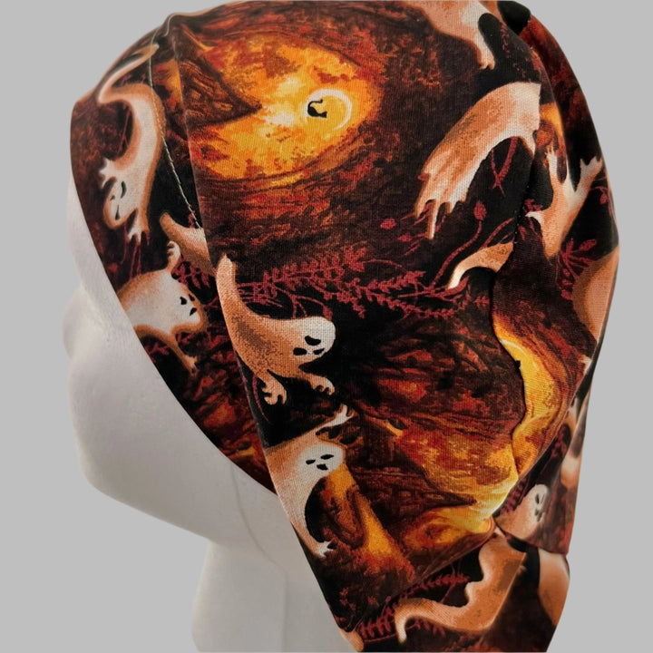 Euro Scrub Cap Halloween Ghost Surgical Hat | Fall Nurse Cap, Autumn OR Cap, Cute Halloween Scrub Hat | left side view