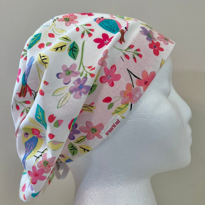 Spring Birds &amp; Flowers Euro Scrub Cap | Colorful Bird Floral Surgical Cap | Adjustable Elastic Nurse Ha