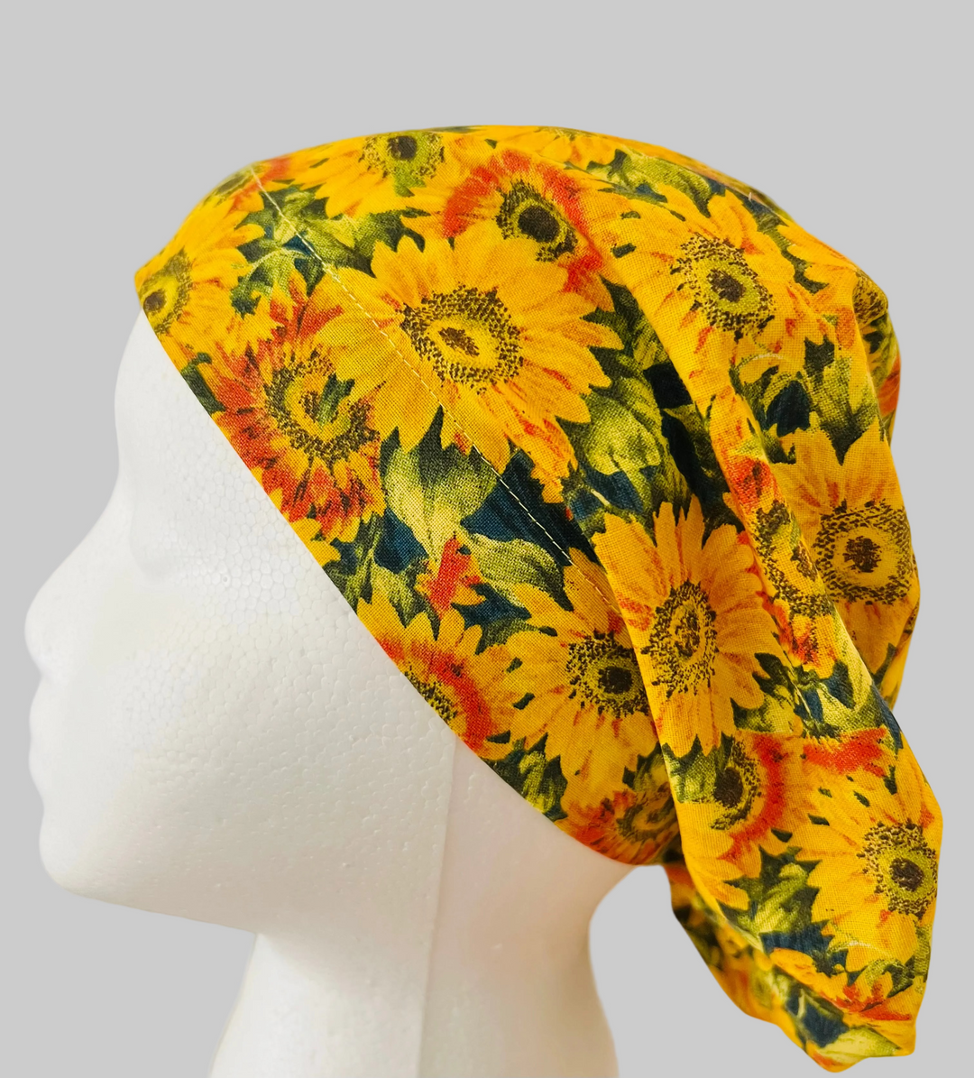 Euro Scrub Cap Sunflower Fall Surgical Hat | Autumn Nurse Cap, Floral OR Cap, Adjustable Women’s Scrub Hat | Left Side View