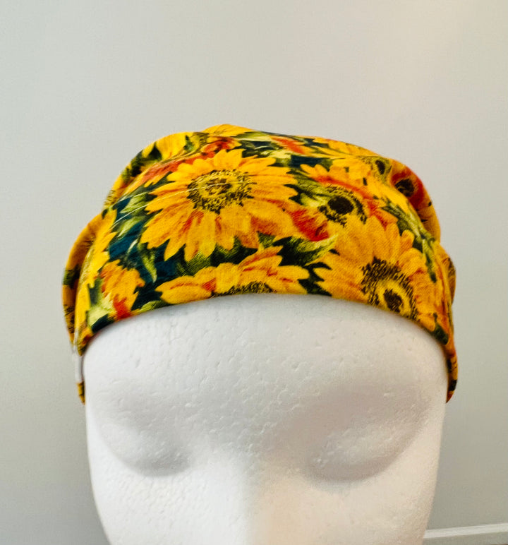 Euro Scrub Cap Sunflower Fall Surgical Hat | Autumn Nurse Cap, Floral OR Cap, Adjustable Women’s Scrub Hat | Front View