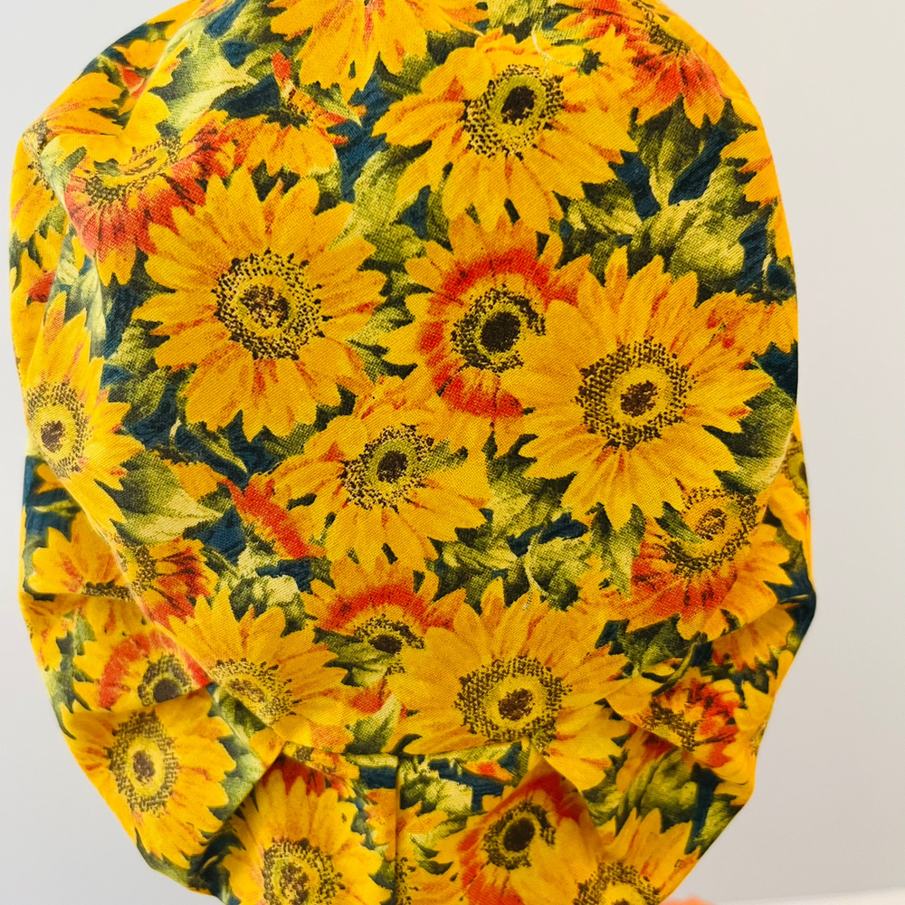 Euro Scrub Cap Sunflower Fall Surgical Hat | Autumn Nurse Cap, Floral OR Cap, Adjustable Women’s Scrub Hat | Back View