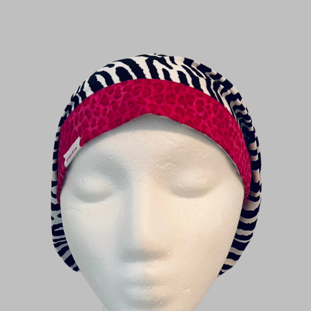 Euro Scrub Cap Zebra Print Surgical Hat | Pink Animal Print OR Cap for Nurses &amp; Surgeons | Adjustable Scrub Cap | Satin Lining Option