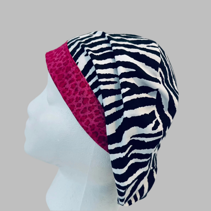 Euro Scrub Cap Zebra Print Surgical Hat | Pink Animal Print OR Cap for Nurses &amp; Surgeons | Adjustable Scrub Cap | Satin Lining Option