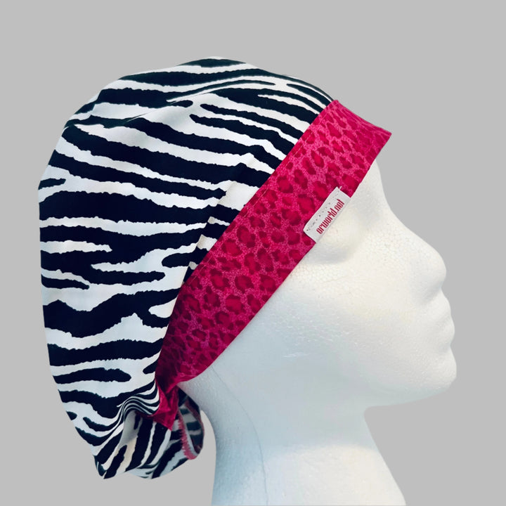 Euro Scrub Cap Zebra Print Surgical Hat | Pink Animal Print OR Cap for Nurses &amp; Surgeons | Adjustable Scrub Cap | Satin Lining Option