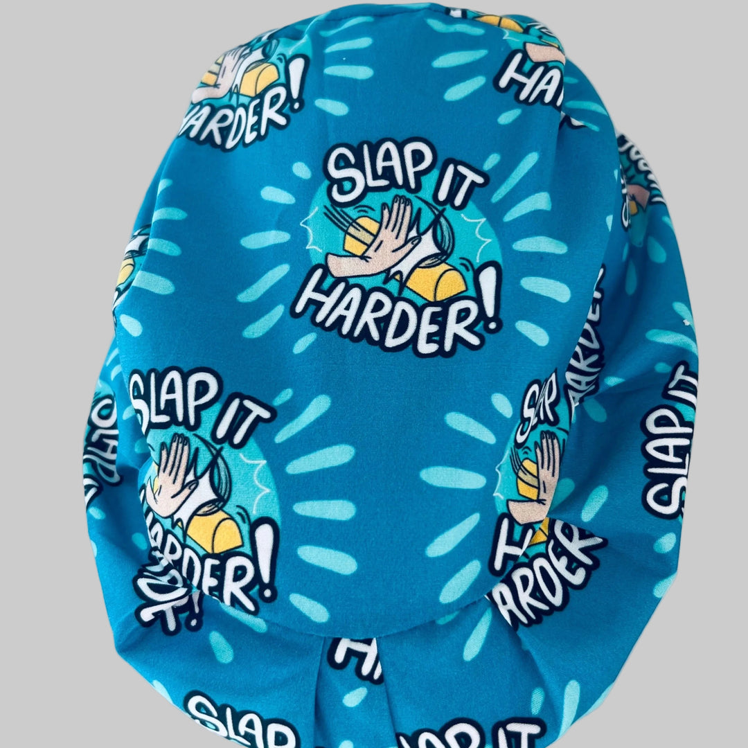 Funny Slap It Harder surgical scrub cap for surgical technologists, operating room nurses, surgeons, residents, and healthcare professionals