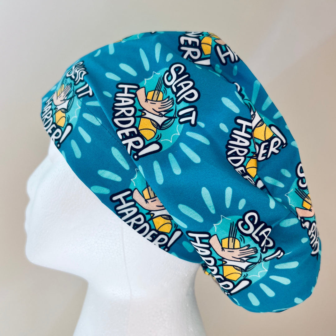 Funny Slap It Harder surgical scrub cap for surgical technologists, operating room nurses, surgeons, residents, and healthcare professionals
