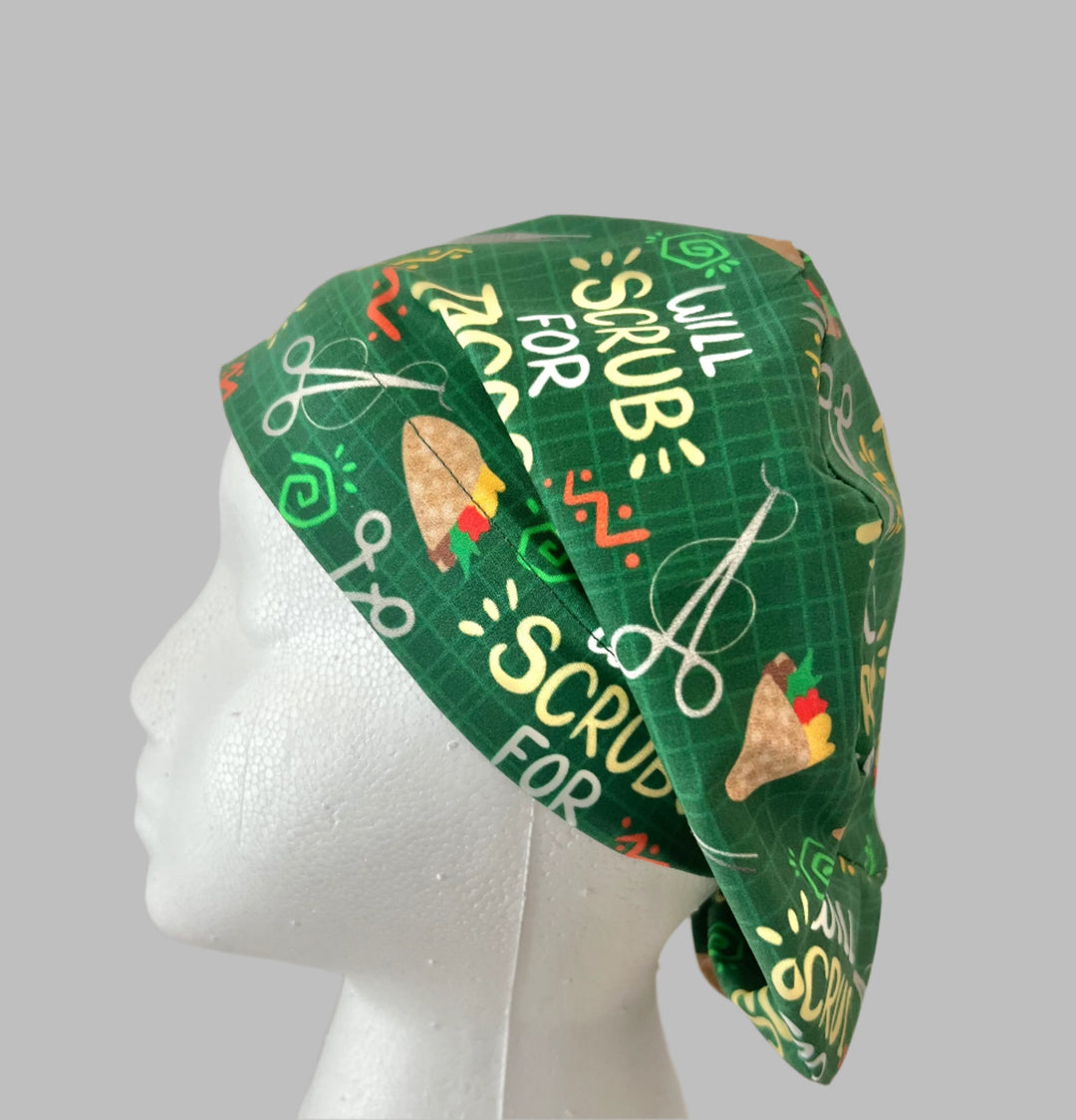 Funny Taco Euro Scrub Cap – “Will Scrub for Tacos” Euro Surgical Cap | Nurse Scrub Hat | OR Cap