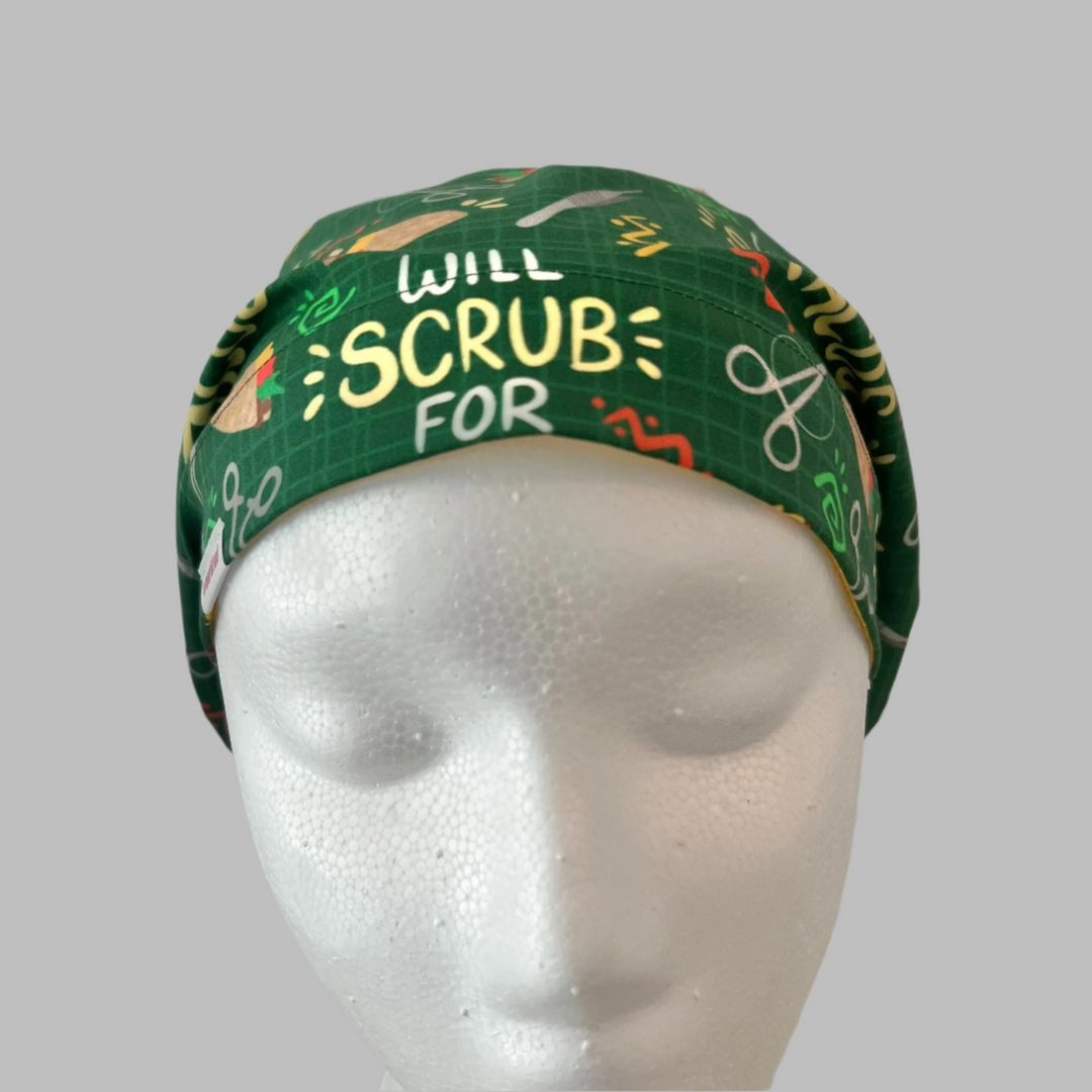 Funny Taco Euro Scrub Cap – “Will Scrub for Tacos” Euro Surgical Cap | Nurse Scrub Hat | OR Cap