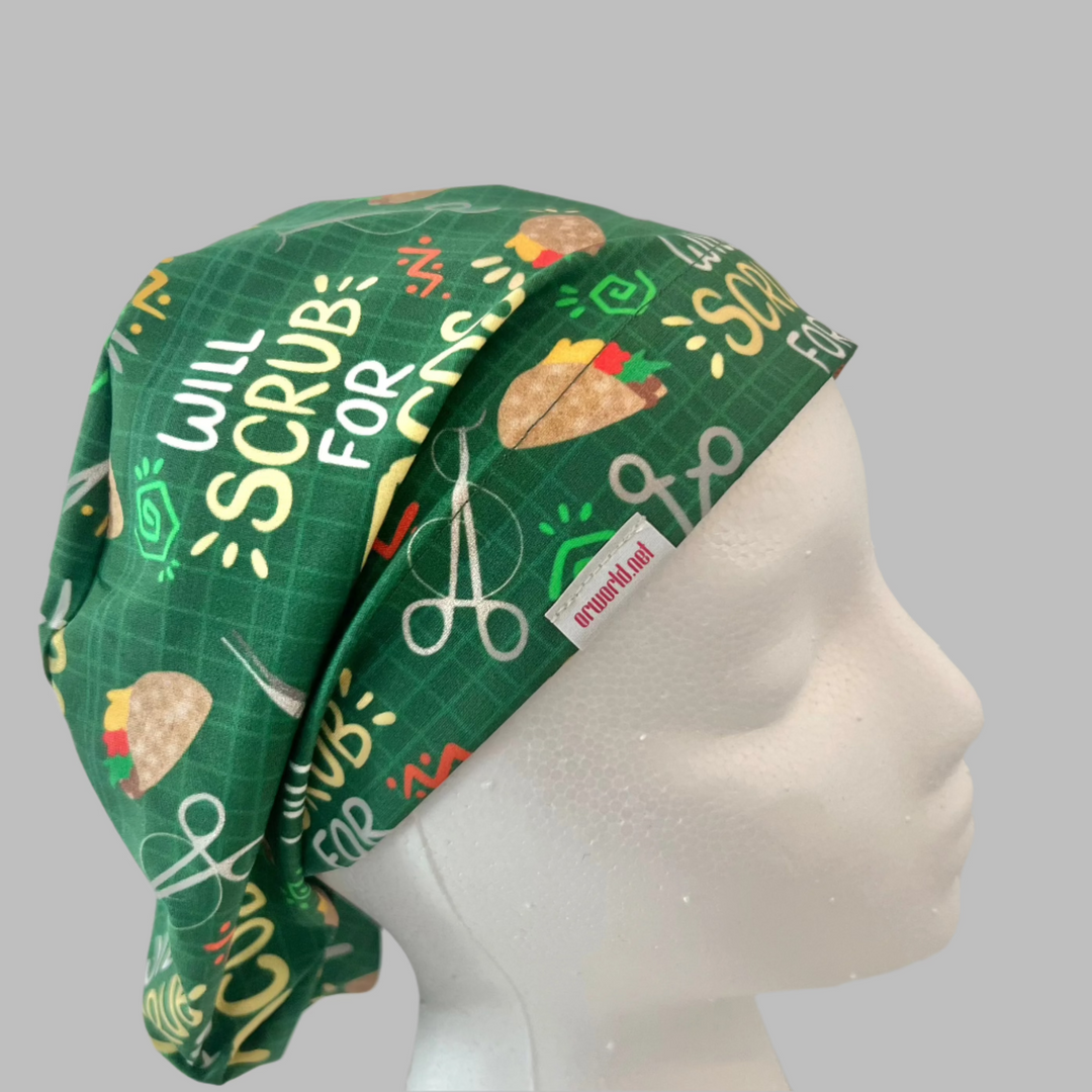 Funny Taco Euro Scrub Cap – “Will Scrub for Tacos” Euro Surgical Cap | Nurse Scrub Hat | OR Cap