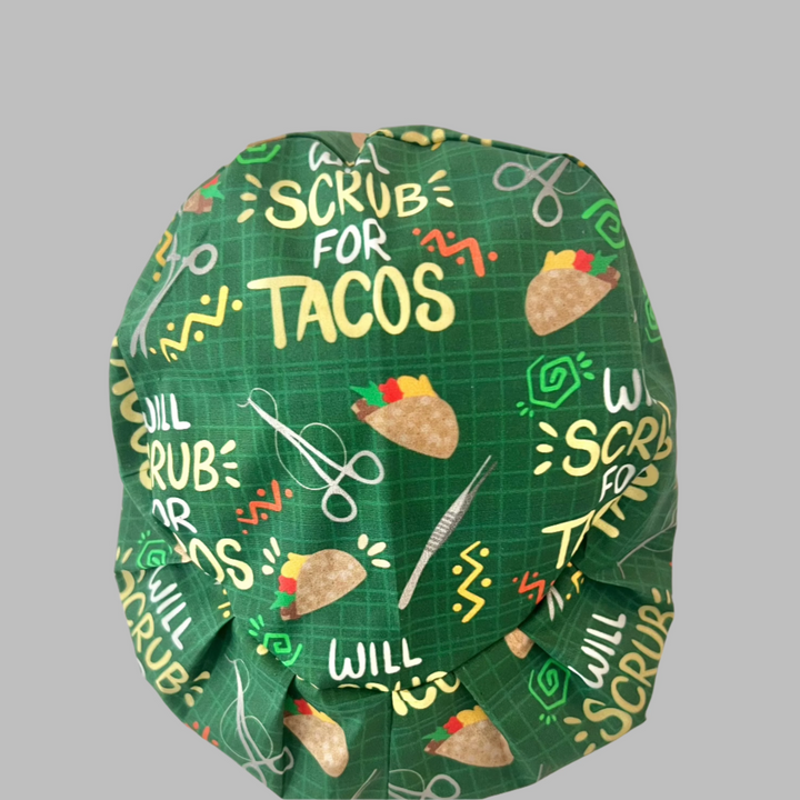 Funny Taco Euro Scrub Cap – “Will Scrub for Tacos” Euro Surgical Cap | Nurse Scrub Hat | OR Cap