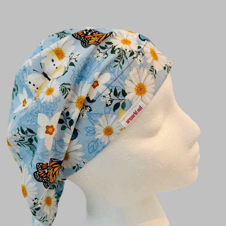 Spring Floral Butterfly Euro Scrub Cap | Daisy &amp; Blue Floral Surgical Cap | Women’s Fitted Scrub Hat | OR Cap | Adjustable Tie Back