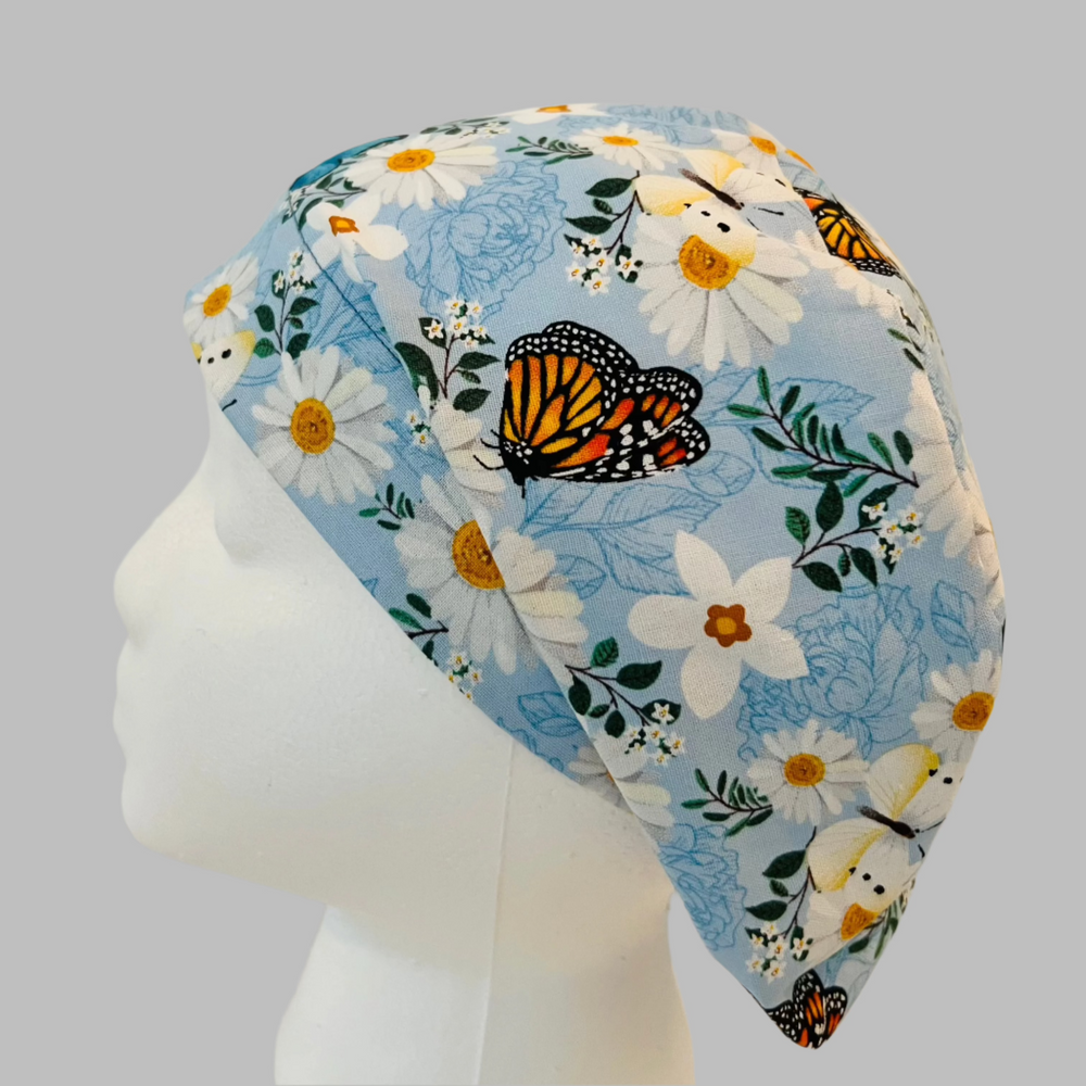 Spring Floral Butterfly Euro Scrub Cap | Daisy & Blue Floral Surgical Cap | Women’s Fitted Scrub Hat | OR Cap | Adjustable Tie Back