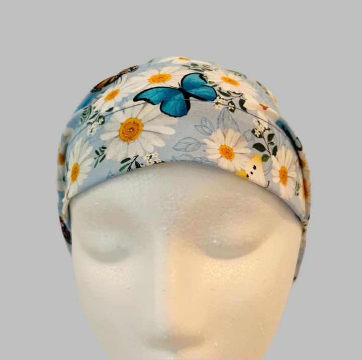 Spring Floral Butterfly Euro Scrub Cap | Daisy &amp; Blue Floral Surgical Cap | Women’s Fitted Scrub Hat | OR Cap | Adjustable Tie Back