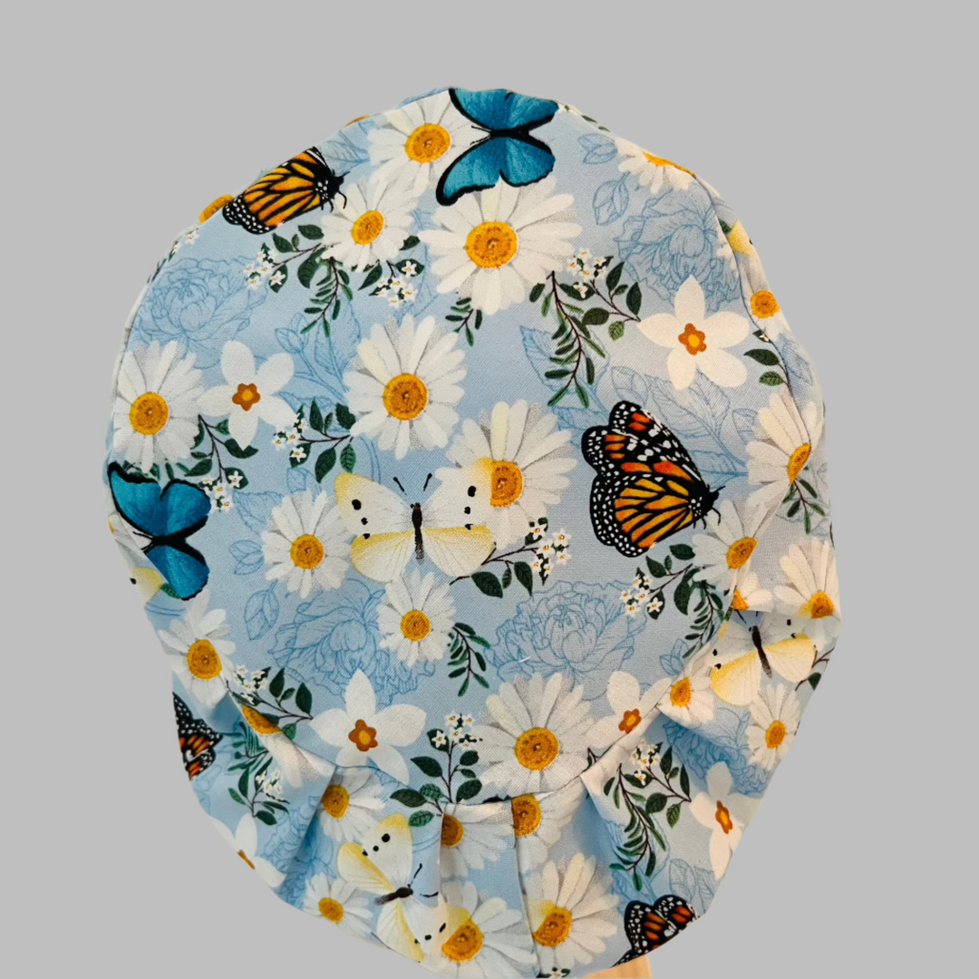Spring Floral Butterfly Euro Scrub Cap | Daisy &amp; Blue Floral Surgical Cap | Women’s Fitted Scrub Hat | OR Cap | Adjustable Tie Back