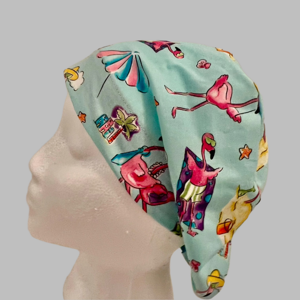 Flamingo Beach Euro Scrub Cap | Tropical Summer Surgical Hat | Fun Pink Flamingo Nurse Cap