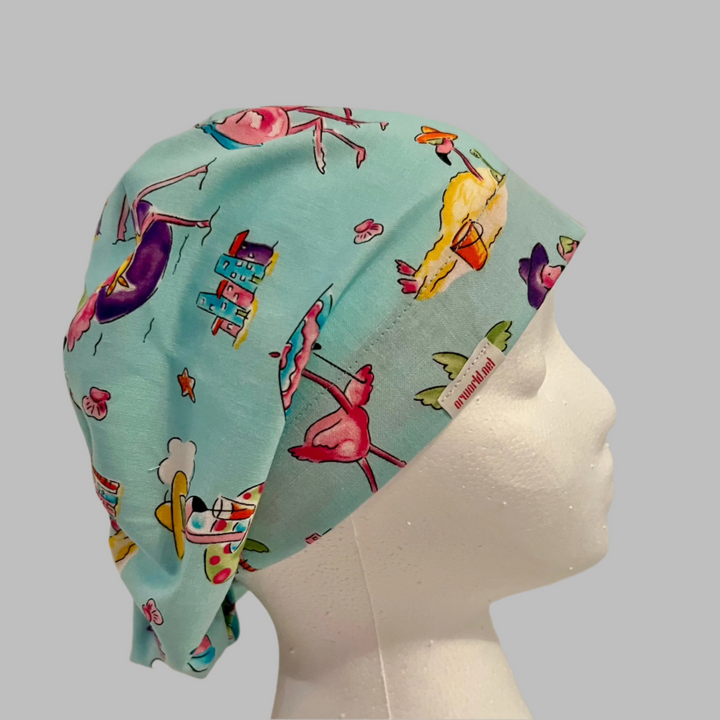 Flamingo Beach Euro Scrub Cap | Tropical Summer Surgical Hat | Fun Pink Flamingo Nurse Cap