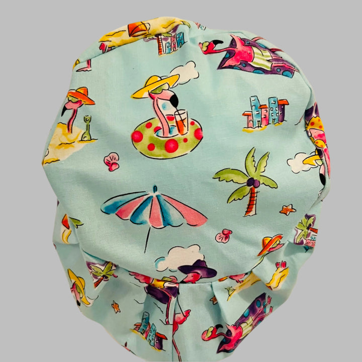 Flamingo Beach Euro Scrub Cap | Tropical Summer Surgical Hat | Fun Pink Flamingo Nurse Cap