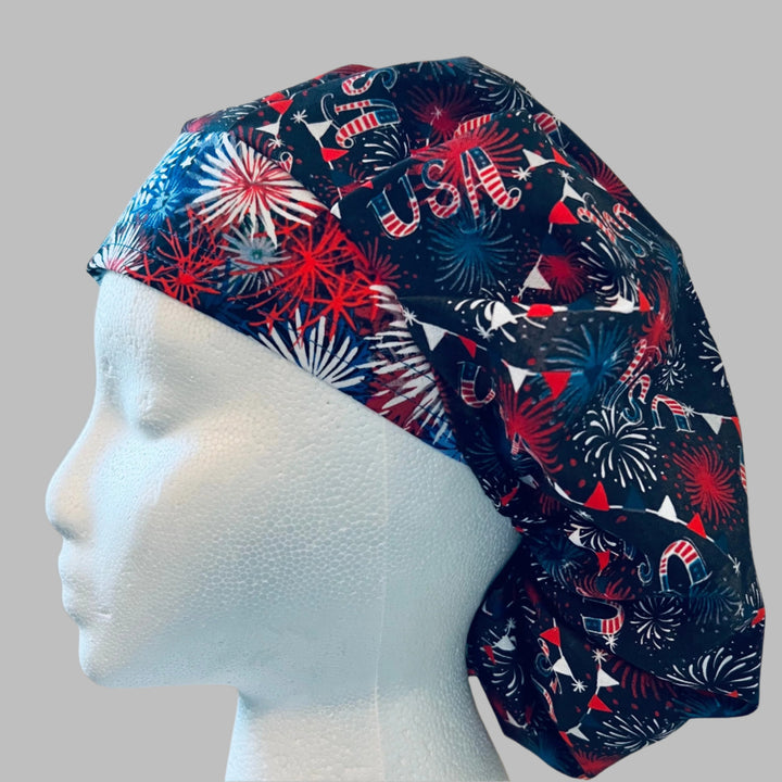 Red, White &amp; Boom Scrub Cap | Patriotic Fireworks Bouffant