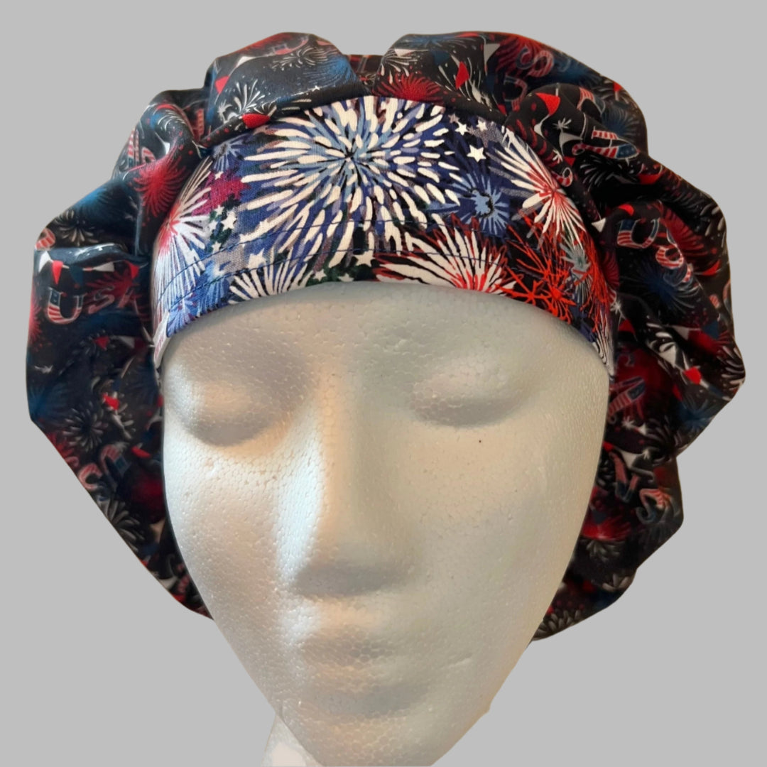 Red, White &amp; Boom Scrub Cap | Patriotic Fireworks Bouffant