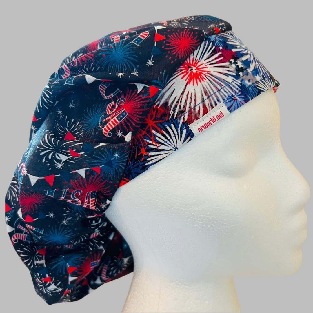 Red, White &amp; Boom Scrub Cap | Patriotic Fireworks Bouffant